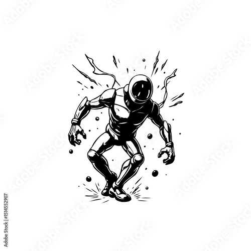 Futuristic Astronaut in Dynamic Pose, Isolated Black and White Sci-Fi Illustration