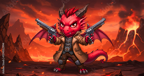Fiery Dragon Gunslinger Volcanic Inferno Artwork - Digital Painting of a Cute, Red Dragon Outlaw photo