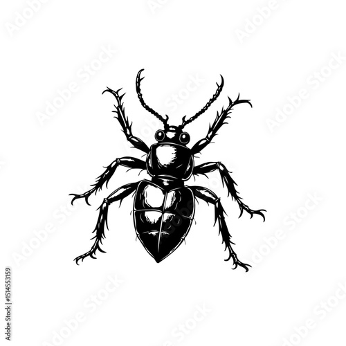 Intricate black and white beetle illustration on a stark white background
