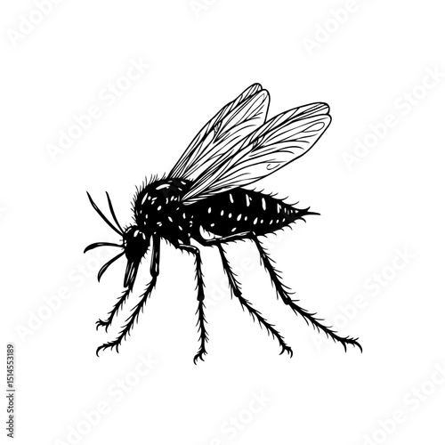 Detailed line art illustration showcasing a black fly with intricate wing details