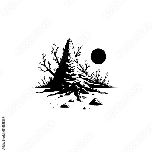 Minimalist black and white image featuring a mountain peak with a sun, conveying nature's stark beauty