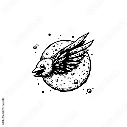 Artistic depiction of a bird in flight against a stylized celestial background