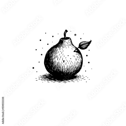 Elegant monochrome illustration of a pear with leaf detail on a white background