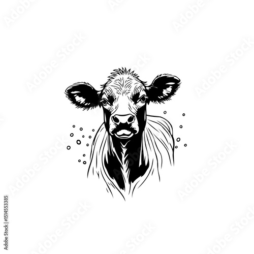 Detailed Line Art Illustration of a Dairy Cow Calf in Black and White Style
