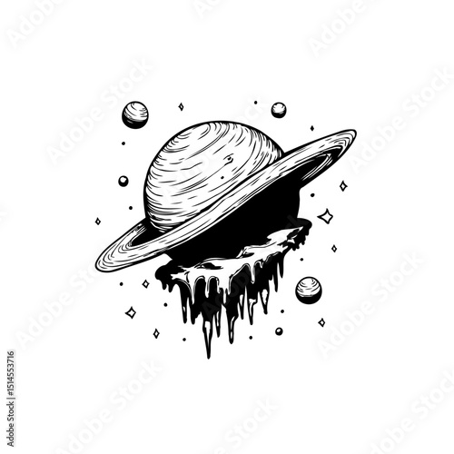 Hand-drawn illustration of a melting planet with dripping liquid and celestial bodies