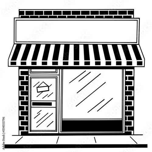 A  vector illustration of a generic storefront or small business. The design features a brick facade, a striped awning, a large display window, and a prominent blank sign space
