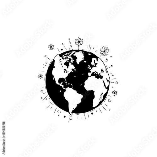 Earth Day Illustration: A Minimalist Depiction of Our Planet with Blooming Flowers
