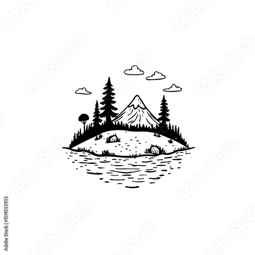 Minimalist black and white landscape drawing featuring a mountain and lush greenery