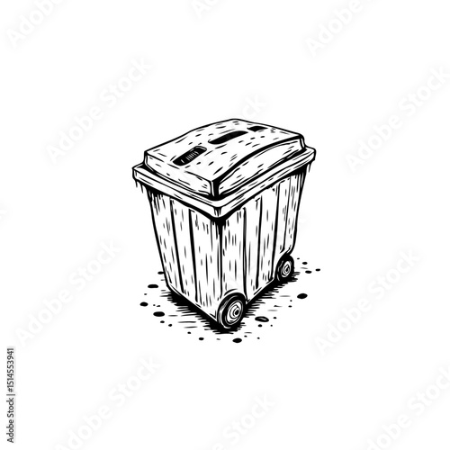 Monochrome drawing of a wheeled trash can representing waste management awareness