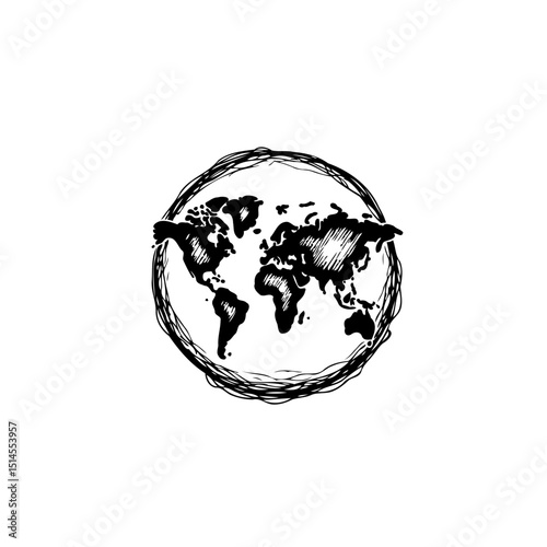 Stylized Earth Globe Illustration in Black and White with a Sketchy Border
