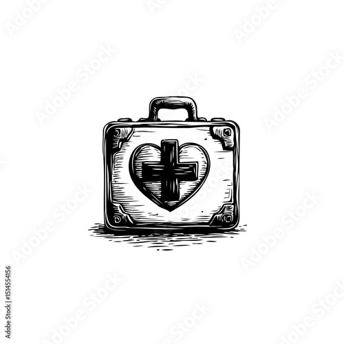 Vintage Medical Kit Illustration with Heart and Cross Symbolism in Black and White