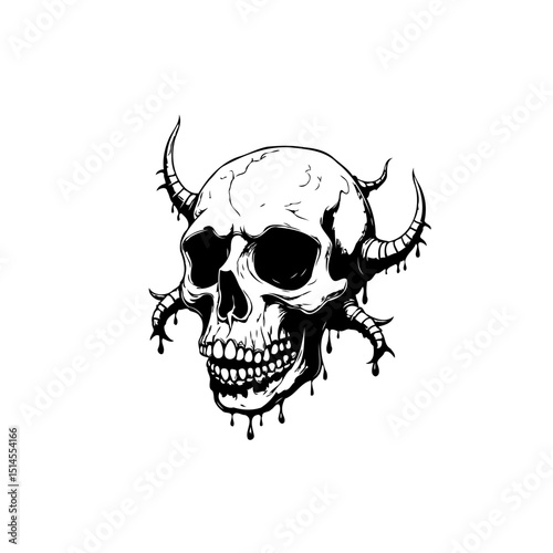 Intricate skull illustration with dripping paint and horns against a white background