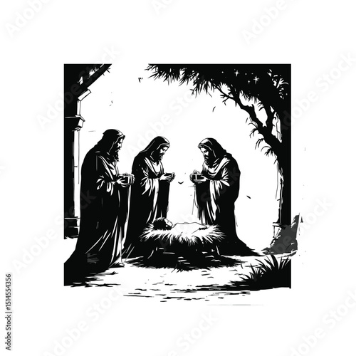 Nativity Scene with Three Wise Men Offering Gifts to Baby Jesus in a Manger, Symbolizing Faith, Tradition, and the Christmas Story in Vector Art