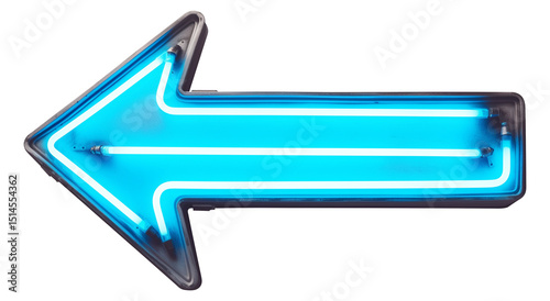 Curved neon blue arrow with glowing edges, isolated on transparency background, modern and vibrant sign