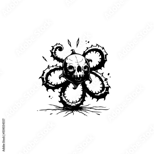 Creepy skull surrounded by thorny tentacles in black and white illustrative style