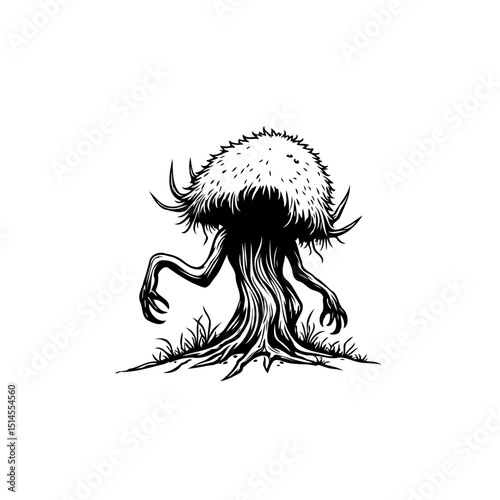 Creepy anthropomorphic tree monster illustration in black and white simple drawing