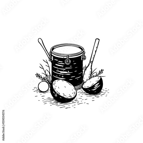 Minimalist illustration of a drum, coconut halves, and drumsticks, evoking musicality