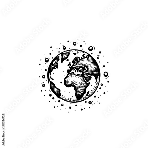 Engraved style drawing featuring planet earth showcasing Europe and Africa continents