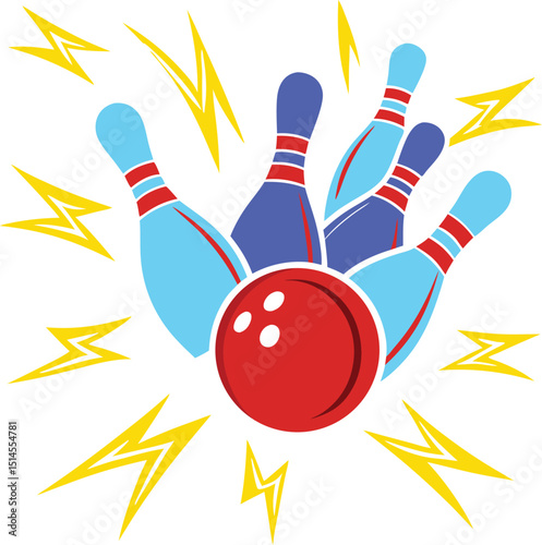 A vibrant illustration of bowling pins and a red ball surrounded by yellow lightning bolts on white