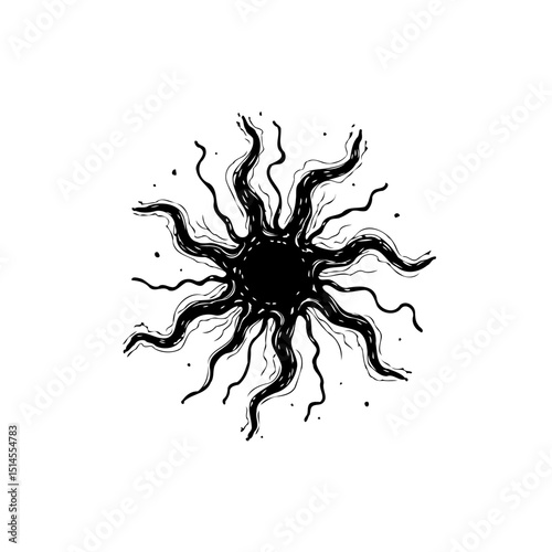 Abstract dark starburst with wavy rays radiating outwards on white background