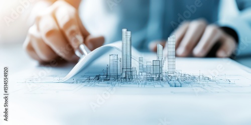 A hand lifts a sheet of paper revealing a digital blueprint transforming into a modern city skyline, symbolizing architectural design and innovation.