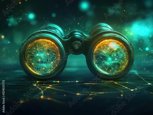 Futuristic binoculars with glowing, interconnected digital networks seen through the lenses, suggesting technology and innovation.