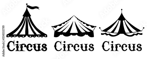 Vector monochrome circus roof tents with retro lettering. Collection of vintage festival pavilions with text