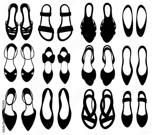 Vector set of various women summer shoes. Collection of monochrome clip arts of sandals and flip flops