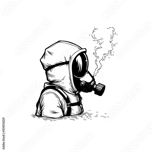 Conceptual illustration of a person wearing a hazmat suit with smoke effects in black and white