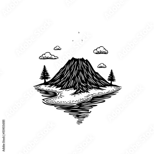 Minimalist Black and White Illustration of a Mountain Landscape with Floating Land