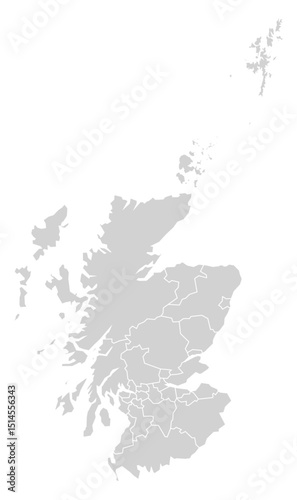 Grey with White Outline Scotland Map with District Borders Europe Country