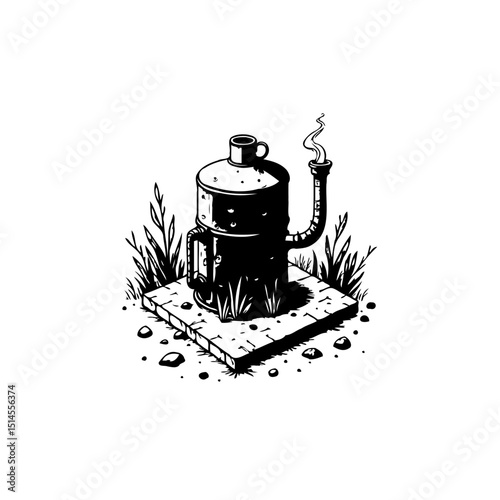 Illustration of an old-fashioned water heater on a concrete foundation surrounded by plants