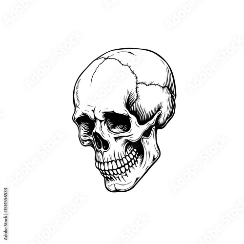 Intricate monochrome illustration of a human skull on a white background