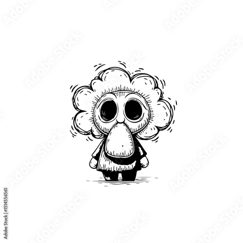A Whimsical Monochrome Illustration of a Unique Cartoon Character with Quirky Design