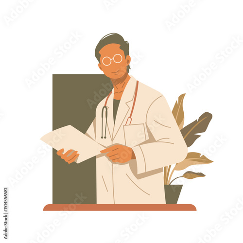handsome doctor holding patient check document illustration