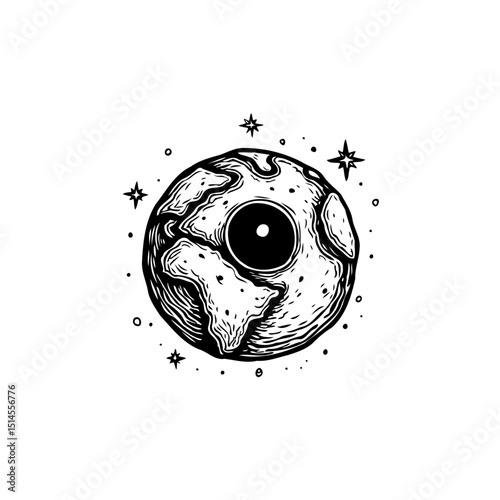 Monochrome planet earth vinyl record art: global music mix in cosmic style illustration