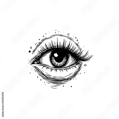 Detailed monochrome drawing of a female eye with long lashes vector illustration