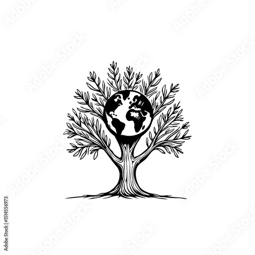 Illustrative Tree with Earth Globe Symbolizing Global Environment and Nature Growth
