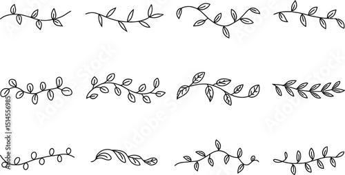 Collection of hand drawn branch with leaves botanical doodle elements