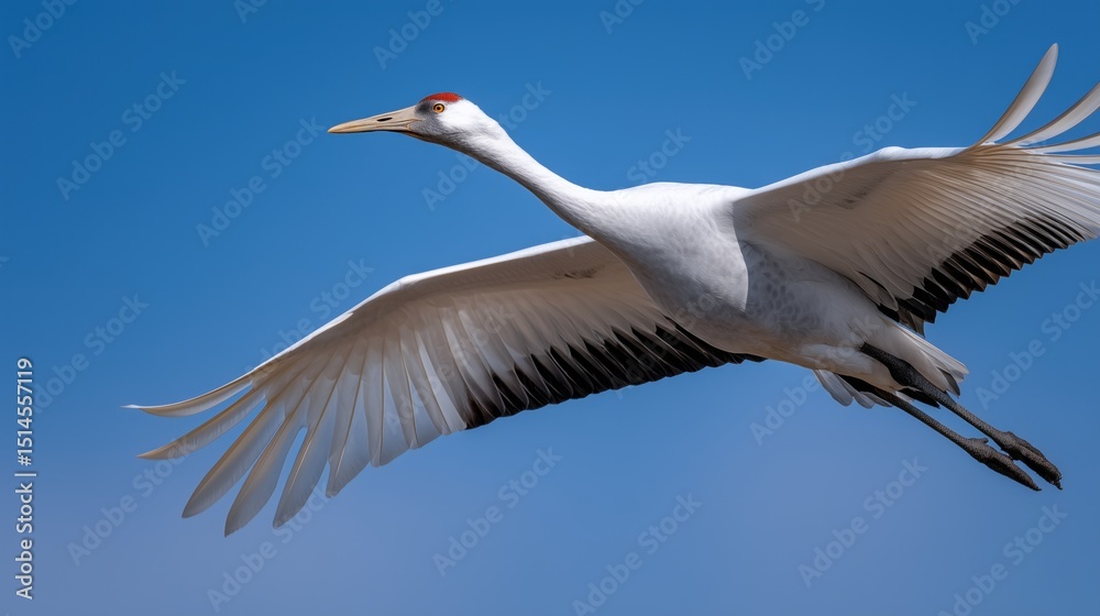 Obraz premium Whooping crane soaring in the clear blue sky with wide open wings