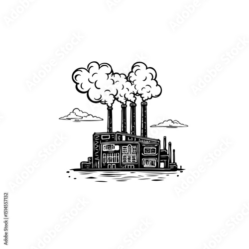 Vintage industrial factory illustration emitting smoke, depicting environmental pollution