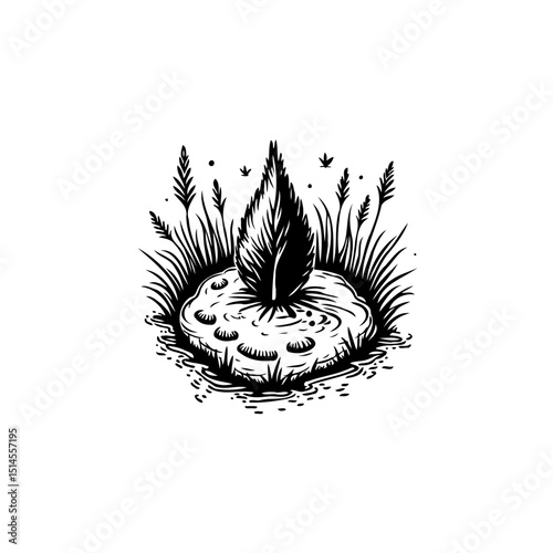 Enigmatic depiction of a singular leaf emerging from a surreal landscape element