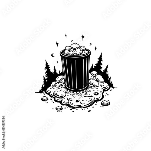 Trash Can overflowing with waste in nature graphic, environmental pollution illustration