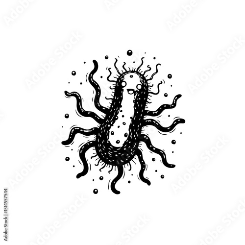 Whimsical depiction of a bacterium with humorous expression and dark style