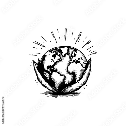 Monochrome illustration of the planet earth with hands, radiating light above