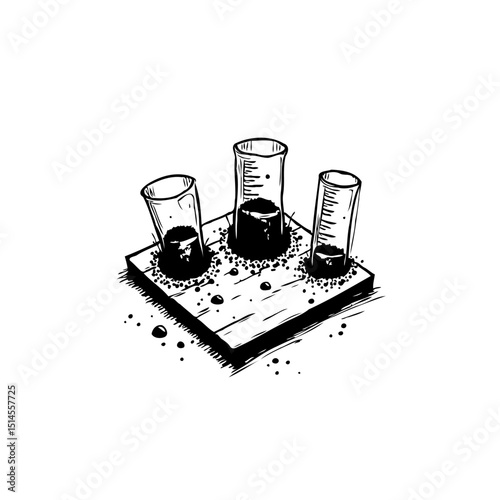 Minimalist Ink Drawing of Three Shot Glasses on a Wooden Tray with Spilled Liquid