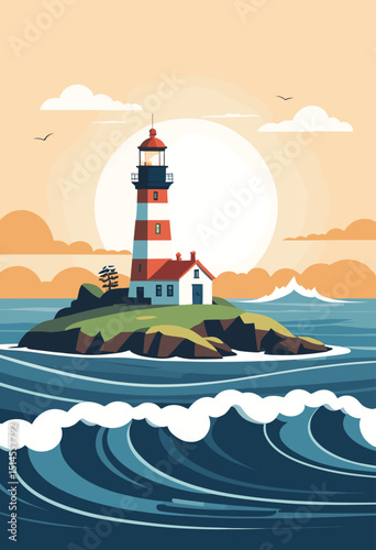 Illustration of a Lighthouse on a Rocky Island with Ocean Waves and a Vibrant Sunset Sky in a Minimalist Style