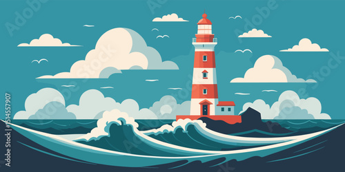 Vibrant Coastal Lighthouse with Waves and Clouds in a Stylized Illustration for Nautical and Maritime Themes