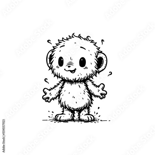 Cute and charming black and white cartoon illustration of a fluffy creature