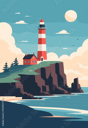 Scenic Coastal Lighthouse with Red and White Stripes on Rocky Cliff Under a Clear Blue Sky with Puffy Clouds and a Bright Sun